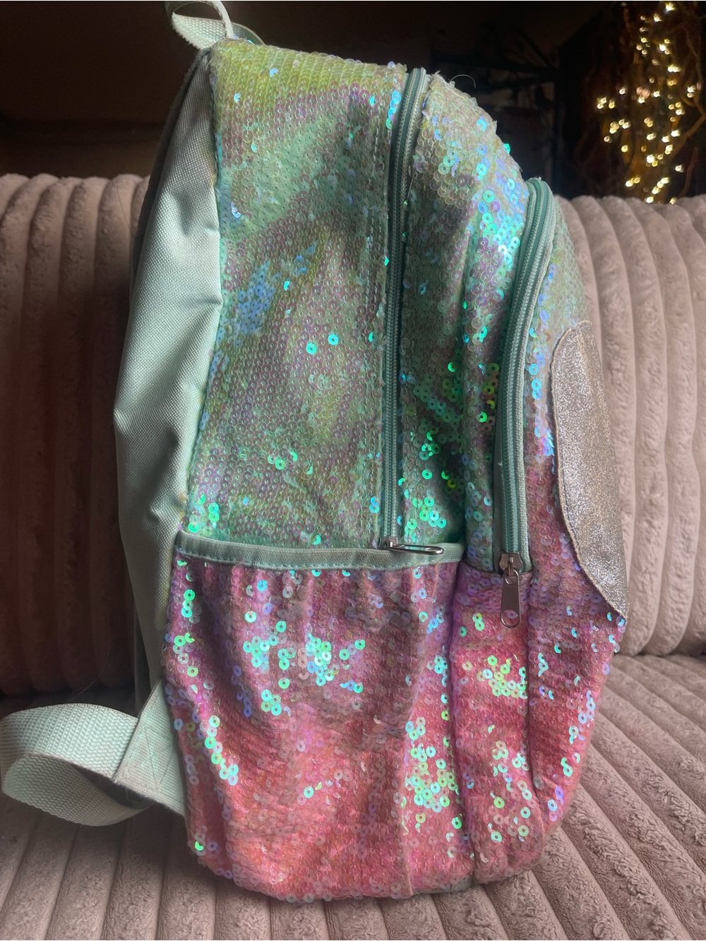Justice Sequin Heart Backpack in Pastel Green, Pink and Coral - Picture 2 of 7